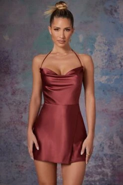 Cowl Front Wrap Over Mini Dress In Brick -Women Clothes Shop 6324 2 Lenora Brick Cowl Front Wrap Over Micro Dress