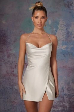 Cowl Front Wrap Over Mini Dress In Stone -Women Clothes Shop 6324 3 Stone Cowl Front Wrap Over Micro Dress 1