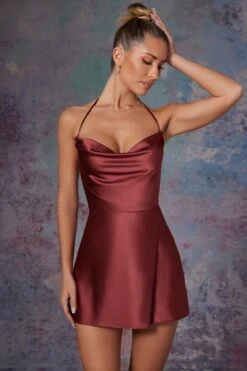 Cowl Front Wrap Over Mini Dress In Brick -Women Clothes Shop 6324 4 Lenora Brick Cowl Front Wrap Over Micro Dress