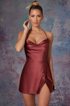 Cowl Front Wrap Over Mini Dress In Brick