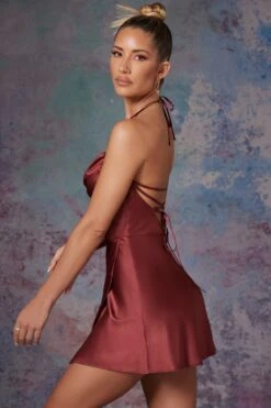 Cowl Front Wrap Over Mini Dress In Brick -Women Clothes Shop 6324 6 Lenora Brick Cowl Front Wrap Over Micro Dress