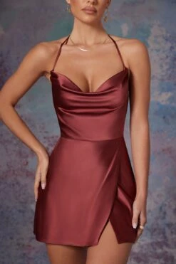 Cowl Front Wrap Over Mini Dress In Brick -Women Clothes Shop 6324 8 Lenora Brick Cowl Front Wrap Over Micro Dress