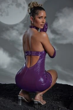 Studded Back Strap Vinyl Mini Dress In Purple -Women Clothes Shop 6343 8 Angel Purple Studded Strap Back Detail Mini Dress