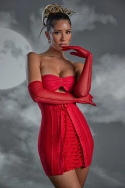 Lace Up Bandeau Mini Dress In Red -Women Clothes Shop 6355 9 Red Lace Up Bandeau Mini Dress 1