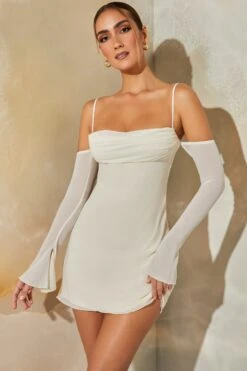 Long Sleeve Bardot Mini Dress In Stone