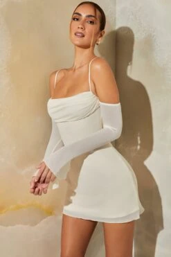 Long Sleeve Bardot Mini Dress In Stone -Women Clothes Shop 6364 4 Niari Stone Cowl Neck Off Shoulder Mini Dress