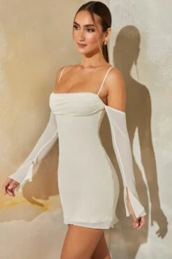 Long Sleeve Bardot Mini Dress In Stone -Women Clothes Shop 6364 5 Niari Stone Cowl Neck Off Shoulder Mini Dress