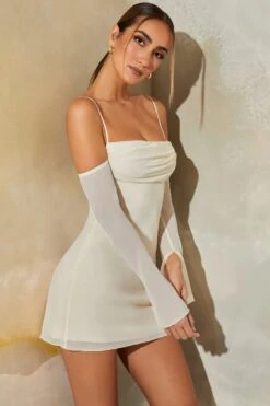 Long Sleeve Bardot Mini Dress In Stone -Women Clothes Shop 6364 7 Niari Stone Cowl Neck Off Shoulder Mini Dress