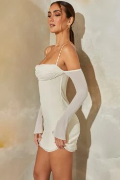 Long Sleeve Bardot Mini Dress In Stone -Women Clothes Shop 6364 8 Niari Stone Cowl Neck Off Shoulder Mini Dress