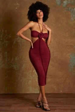 Cut Out Midaxi Dress With Flower Detail In Wine -Women Clothes Shop 6378 1 Wine Ruched Cut Out Miadaxi Dress