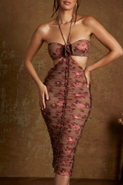 Cut Out Midaxi Dress With Flower Detail In Beige Print -Women Clothes Shop 6378 3 Aergul Beige Print Ruched Cut Out Miadaxi Flower Detail Dress