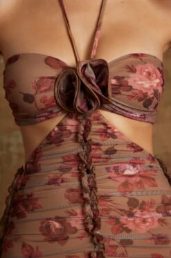 Cut Out Midaxi Dress With Flower Detail In Beige Print -Women Clothes Shop 6378 4 Aergul Beige Print Ruched Cut Out Miadaxi Flower Detail Dress