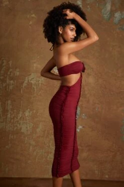 Cut Out Midaxi Dress With Flower Detail In Wine -Women Clothes Shop 6378 4 Wine Ruched Cut Out Miadaxi Dress