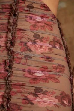 Cut Out Midaxi Dress With Flower Detail In Beige Print -Women Clothes Shop 6378 5 Aergul Beige Print Ruched Cut Out Miadaxi Flower Detail Dress