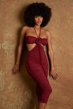 Cut Out Midaxi Dress With Flower Detail In Wine -Women Clothes Shop 6378 7 Wine Ruched Cut Out Miadaxi Dress