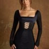 Long Sleeve Lace Up Corset Micro Mini Dress In Black -Women Clothes Shop 6387 2 Belkis Black Corset Lace Up Mini Dress