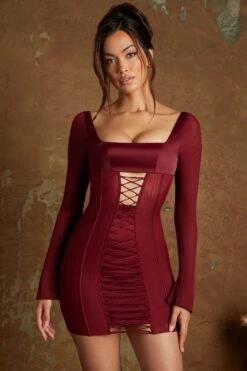 Long Sleeve Lace Up Corset Micro Mini Dress In Wine