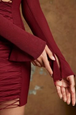 Long Sleeve Lace Up Corset Micro Mini Dress In Wine -Women Clothes Shop 6387 5 Belkis Wine Corset Lace Up Mini Dress