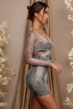 Long Sleeve Layered Corset Mini Dress In Grey Print -Women Clothes Shop 6514 4 Taylor Print Layered Cut Out Corset Mini Dress
