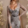 Long Sleeve Layered Corset Mini Dress In Grey Print -Women Clothes Shop 6514 6 Taylor Print Layered Cut Out Corset Mini Dress