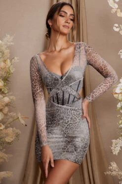 Long Sleeve Layered Corset Mini Dress In Grey Print