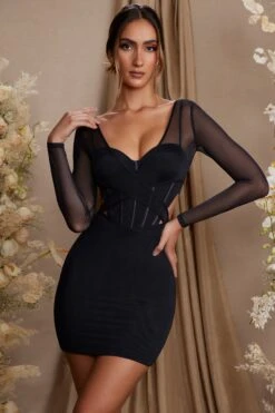 Long Sleeve Layered Corset Mini Dress In Black -Women Clothes Shop 6514 9 Taylor Black Layered Cut Out Corset Mini Dress