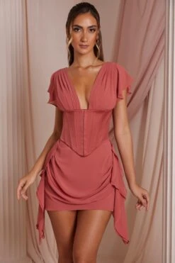 Draped Corset Mini Dress In Terracotta 16 Draped Corset Mini Dress In Terracotta -Women Clothes Shop 6533 2 Ceriste Terracotta Draped Corset Mini Waterfall Skirt