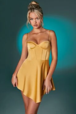 Asymmetric Hem Corset Mini Dress In Gold -Women Clothes Shop 6555 3 Gold Corset Seam Dress With Asymetric Hem