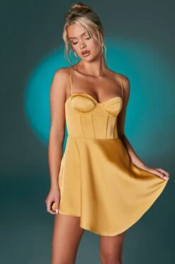 Asymmetric Hem Corset Mini Dress In Gold -Women Clothes Shop 6555 4 Gold Corset Seam Dress With Asymetric Hem