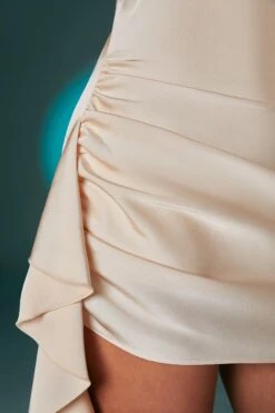 Deep Plunge Ruffled Mini Dress In Ivory -Women Clothes Shop 6558 10 Ivory Corset Dress With Rounded Neckline And Aline Hem