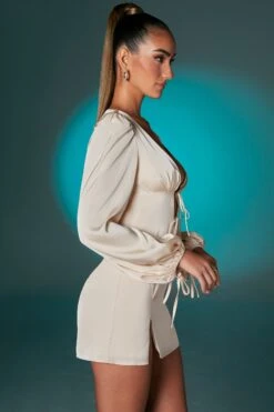 Balloon Sleeve Mini Dress In Ivory -Women Clothes Shop 6560 8 Ivory Balloon Sleeve Halter Neck Mini Dress