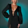 Balloon Sleeve Mini Dress In Black -Women Clothes Shop 6560 Black 2 Balloon Sleeve Halterneck Mini Dress
