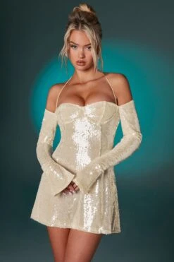 Off The Shoulder Sequin A-Line Mini Dress In Ivory