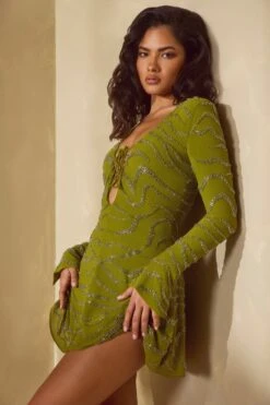 Long Sleeve Lace Up Mini Dress In Olive -Women Clothes Shop 6583 10 Olive Lace Up A Line Dress