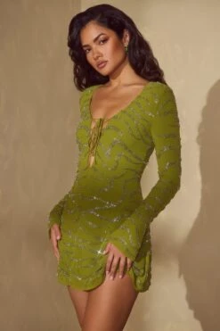 Long Sleeve Lace Up Mini Dress In Olive -Women Clothes Shop 6583 3 Olive Lace Up A Line Dress