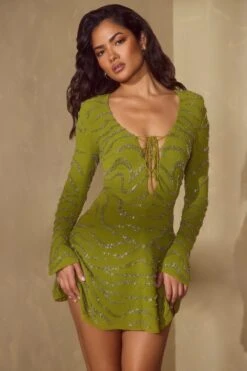 Long Sleeve Lace Up Mini Dress In Olive -Women Clothes Shop 6583 4 Olive Lace Up A Line Dress