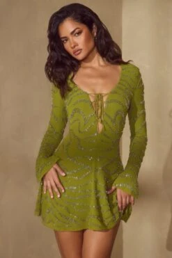 Long Sleeve Lace Up Mini Dress In Olive -Women Clothes Shop 6583 5 Olive Lace Up A Line Dress