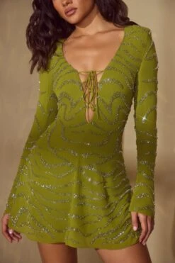 Long Sleeve Lace Up Mini Dress In Olive -Women Clothes Shop 6583 7 Olive Lace Up A Line Dress