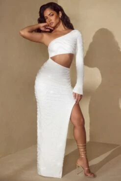 Single Sleeve Cut Out Maxi Dress In Off White