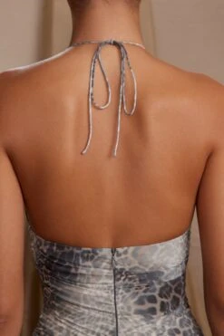 Halterneck Cut Out Maxi Dress In Grey Print -Women Clothes Shop 6588 1 Etta Print Halterneck Cutout Hankerchief hem dress