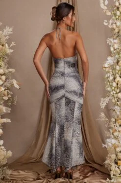 Halterneck Cut Out Maxi Dress In Grey Print -Women Clothes Shop 6588 2 Etta Print Halterneck Cutout Hankerchief hem dress