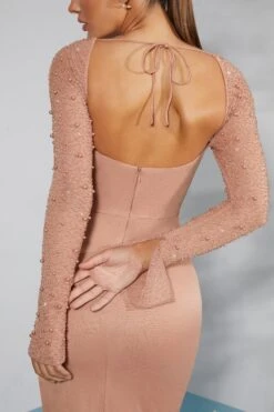 Embellished Side Split Maxi Dress In Beige -Women Clothes Shop 6716 10 San Marino Beige Maxi Dress With Split