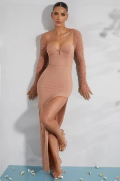 Embellished Side Split Maxi Dress In Beige -Women Clothes Shop 6716 4 San Marino Beige Maxi Dress With Split