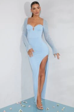 Embellished Side Split Maxi Dress In Light Blue -Women Clothes Shop 6716 6 San Marino Light Blue Maxi Dress With Split
