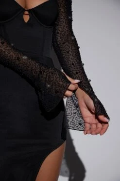 Embellished Side Split Maxi Dress In Black -Women Clothes Shop 6716 7 San Marino Black Embellished Long Sleeve Maxi Dress With Split