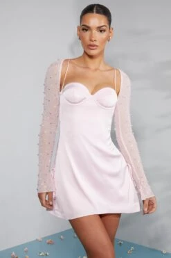 Long Sleeve Embellished A-line Mini Dress In Blush -Women Clothes Shop 6717 1 Geneva Blush Ruching Detail Dress