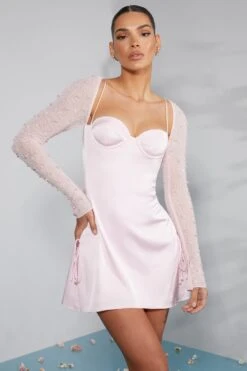 Long Sleeve Embellished A-line Mini Dress In Blush -Women Clothes Shop 6717 2 Geneva Blush Ruching Detail Dress