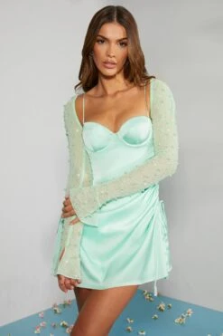 Long Sleeve Embellished A-line Mini Dress In Mint -Women Clothes Shop 6717 3 Geneva Mint Ruching Detail Dress 1