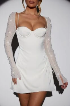 Long Sleeve Embellished A-line Mini Dress In White -Women Clothes Shop 6717 3 Geneva White Wrap Over Skirt with Split