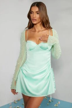 Long Sleeve Embellished A-line Mini Dress In Mint -Women Clothes Shop 6717 4 Geneva Mint Ruching Detail Dress 1
